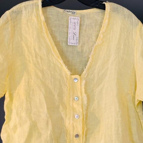 Cadenza Woman’s Top Shirt 100% Linen Button Up Yellow Lagenlook Made in Italy - Picture 2 of 11